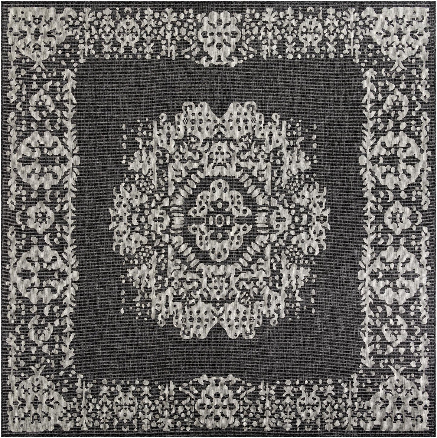 Unique Loom Outdoor Traditional Collection Area Rug - Timeworn (10' Square Charcoal Gray/Gray)