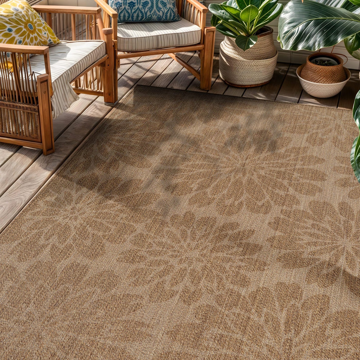 Rugshop Floral Indoor Outdoor Flat Woven Area Rug,Natural Jute-Style,Easy-Care Patio Rug for Backyard Porch Deck Balcony, 6'6" x 9' Sand/Natural