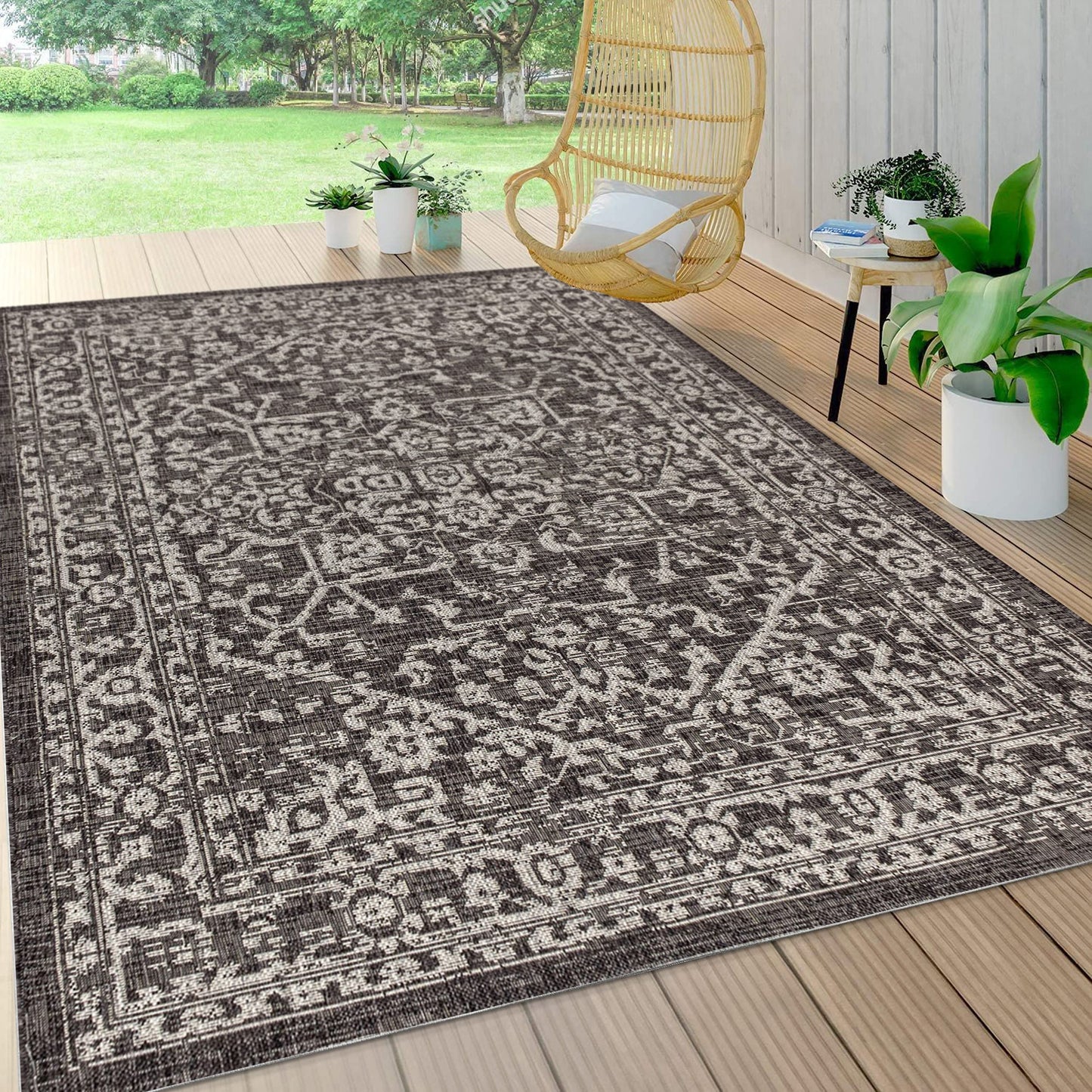 JONATHAN Y Boho Medallion Indoor Outdoor Area Rug 5X8 Black/Gray, Malta Textured Weave for Backyard, Patio, Porch, Easy-Cleaning, High Traffic, Pet-Friendly, Non-Shedding (SMB104C-5)