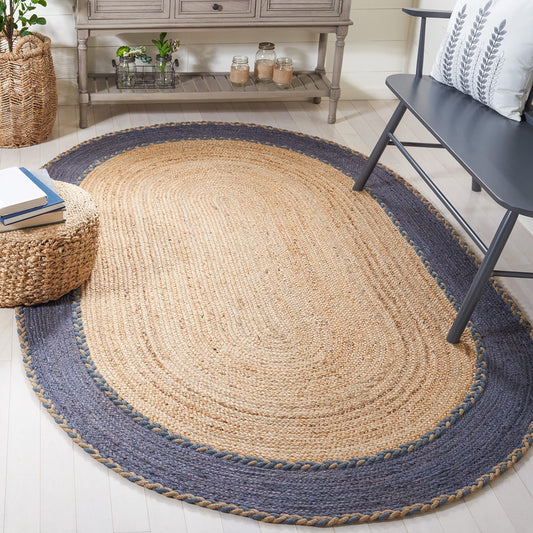 SAFAVIEH Natural Fiber Collection Area Rug - 6' x 9' Oval, Natural & Dark Grey, Handmade Jute, Ideal for High Traffic Areas in Living Room, Bedroom (NFB261F)