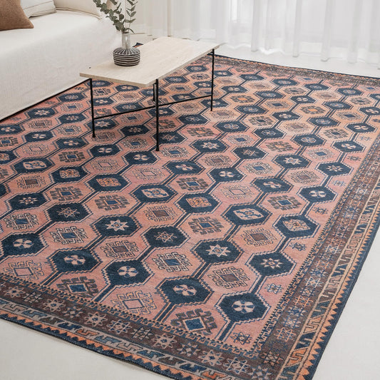 KNOTTING MATTERS Indiclay 7’6” x 9’6” Area Rug – Blush Pink & Deep Navy Heritage Flatweave, Low-Pile – Easy Clean Area Rug – Perfect for Living Room, Dining Room, Bedroom – Pet & Kid Friendly