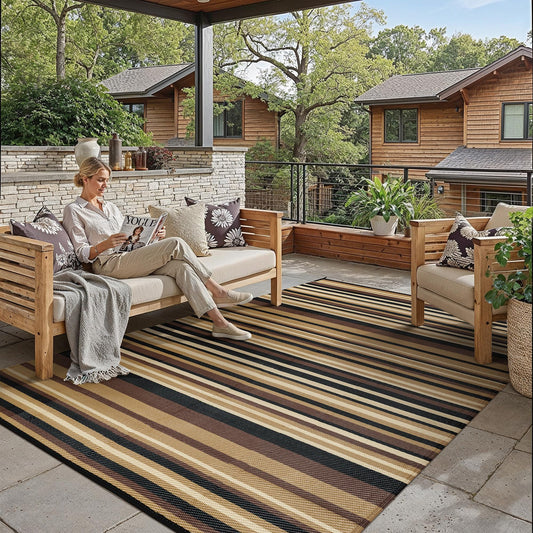 WondRg Outdoor Plastic Straw Rug Waterproof Patio 6x9 Brown Black Stripe Mat for Porch Camping RV Balcony Deck Courtyard Reversible Lightweight Durable Portable Carpet