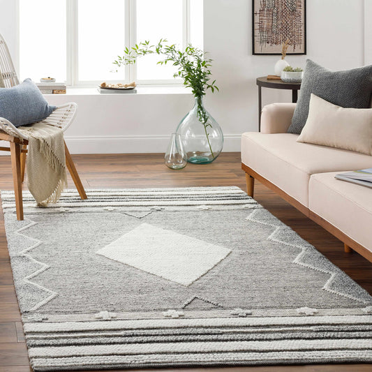 Hauteloom McDonald Recycled Material Area Rug - Geometric Diamond Border Striped Medallion - Bohemian Transitional Tribal Southwestern Navajo - Light Slate, Medium Gray, Black, Gray, Cream - 2' x 3'