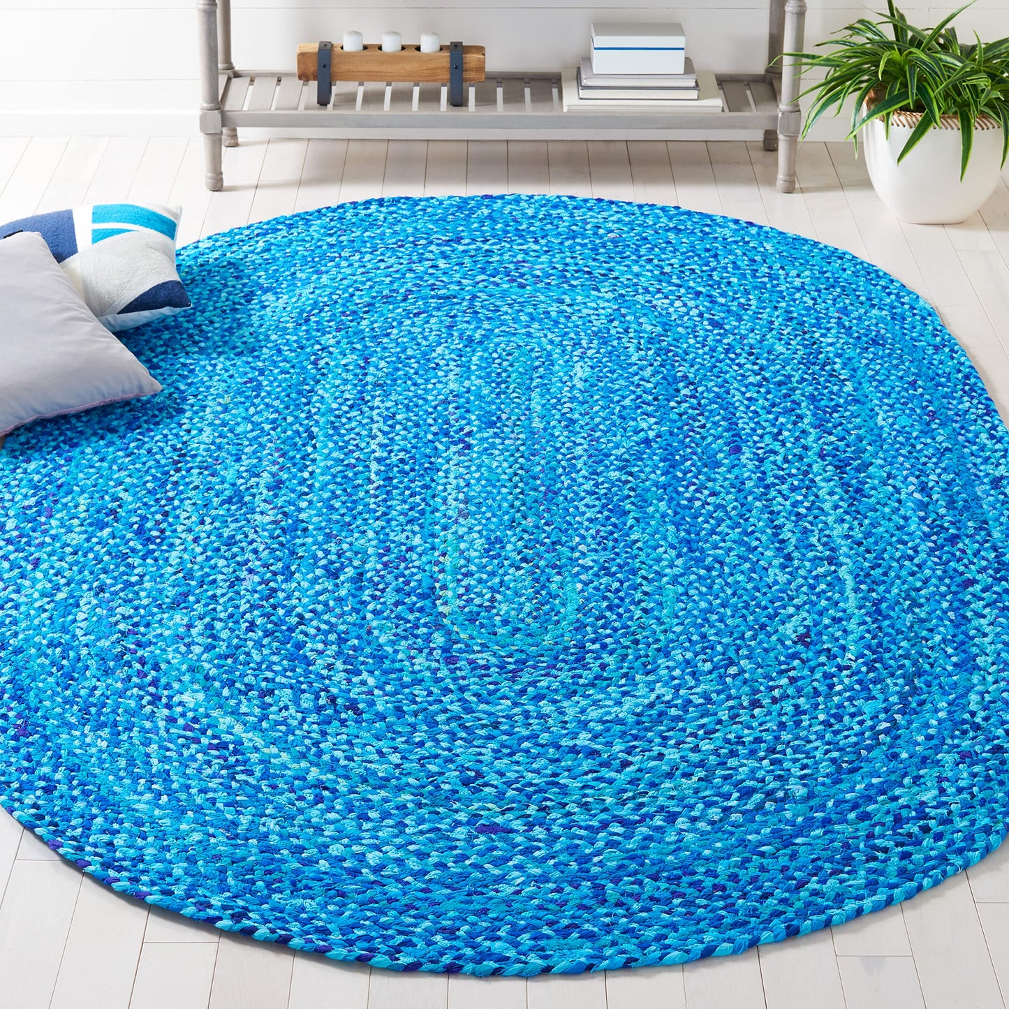SAFAVIEH Braided Collection Area Rug - 3' x 5' Oval, Turquoise, Handmade Country Farmhouse Reversible Cotton, Ideal for High Traffic Areas in Living Room, Bedroom (BRD452K)