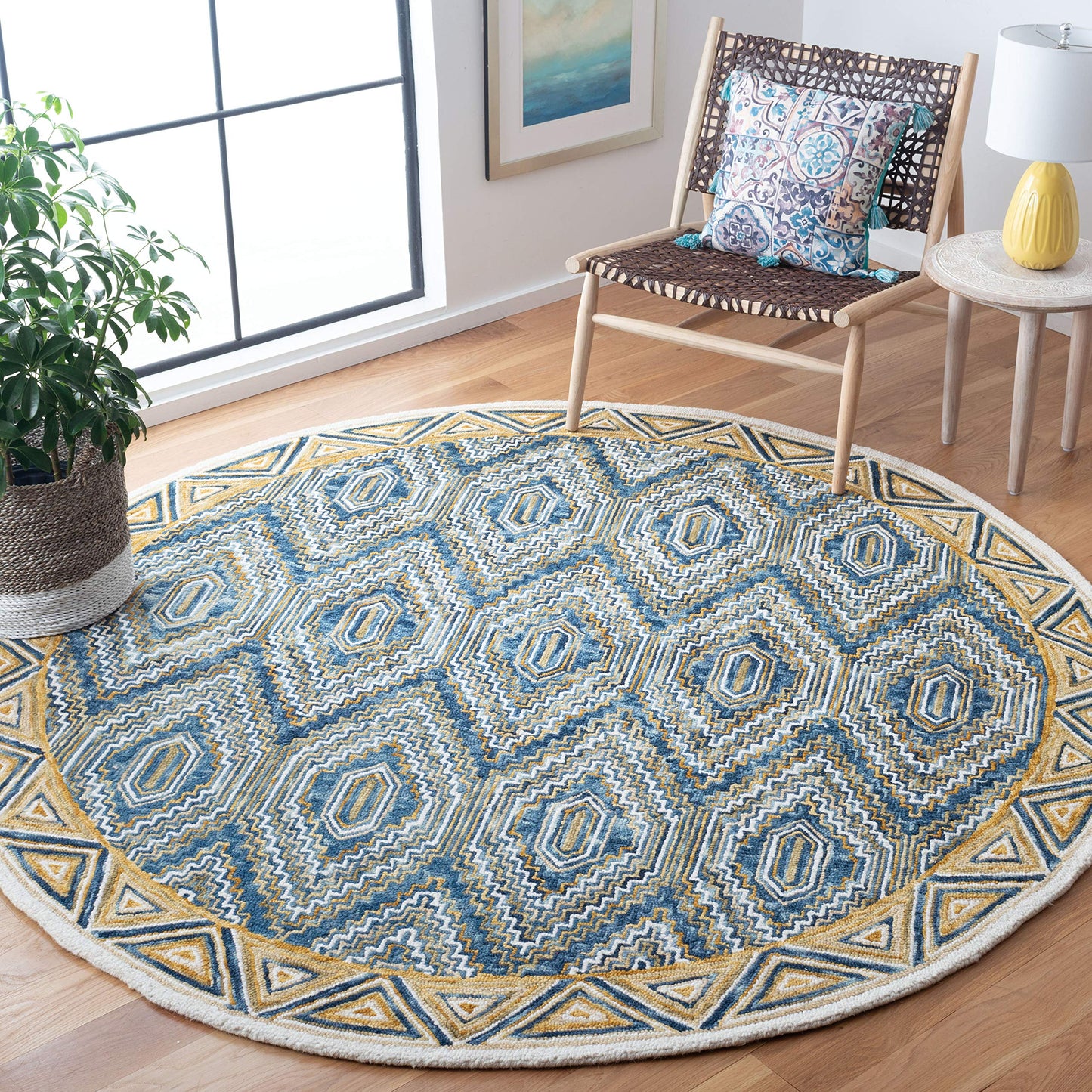 SAFAVIEH Aspen Collection Area Rug - 3' Round, Blue & Gold, Handmade Boho Wool, Ideal for High Traffic Areas in Living Room, Bedroom (APN822M)