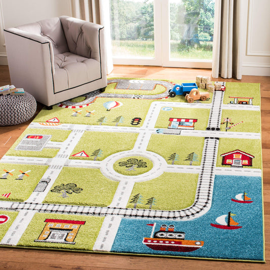 SAFAVIEH Carousel Kids Collection Area Rug - 4' Square, Green & Ivory, Non-Shedding & Easy Care, Ideal for High Traffic Areas for Boys & Girls in Playroom, Nursery, Bedroom (CRK192Y)