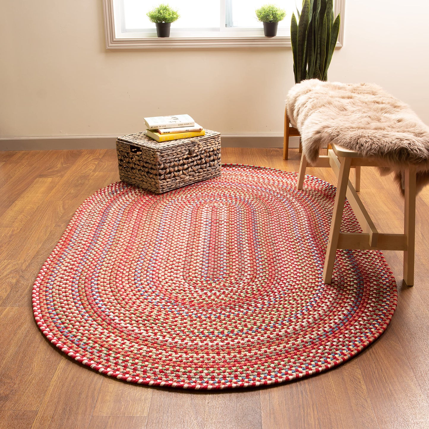 Super Area Rugs Roxbury American Made Braided Rug for Indoor Outdoor Spaces, Red/Natural Multi, 2' X 3' Oval