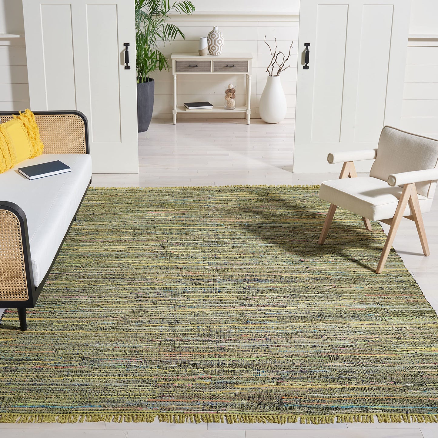 SAFAVIEH Rag Rug Collection Area Rug - 6' x 9', Light Green & Multi, Handmade Boho Stripe Cotton, Ideal for High Traffic Areas in Living Room, Bedroom (RAR127D)