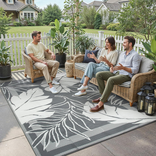 HUGEAR 9'x12' Outdoor Rug Waterproof Plastic Straw Rugs Large Grey Reversible Olive Leaf Mat Floor Carpet for Camping RV Deck Entryance Porch Picnic Balcony Beach Backyard
