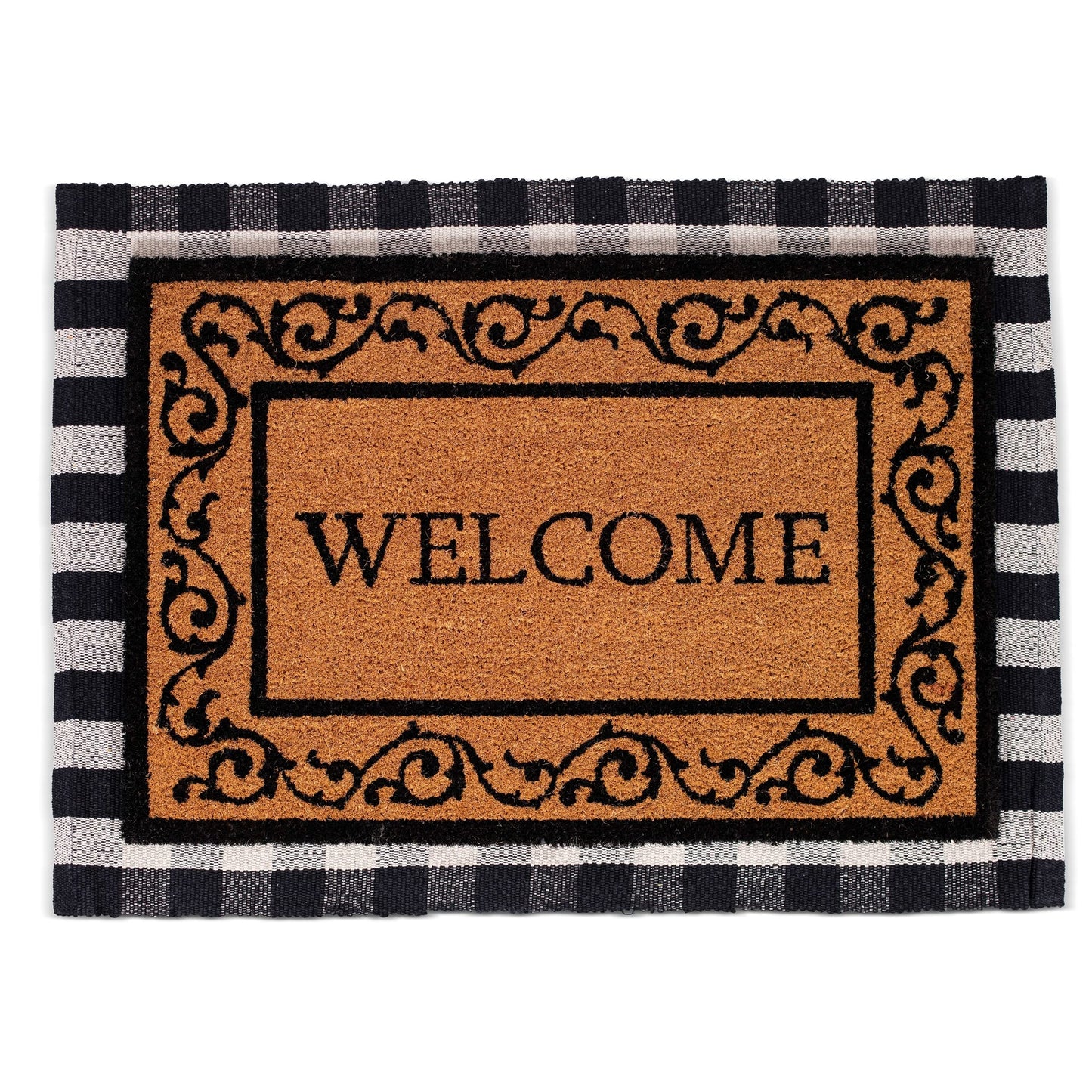BIRDROCK HOME Layered Welcome Mat with Scroll Border - Durable Vinyl Backed Outdoor Doormat - Non-Slip Front Door Entryway Rug - Weather Resistant Exterior Mat for Porch, Backdoor - 30"" x 42"" "