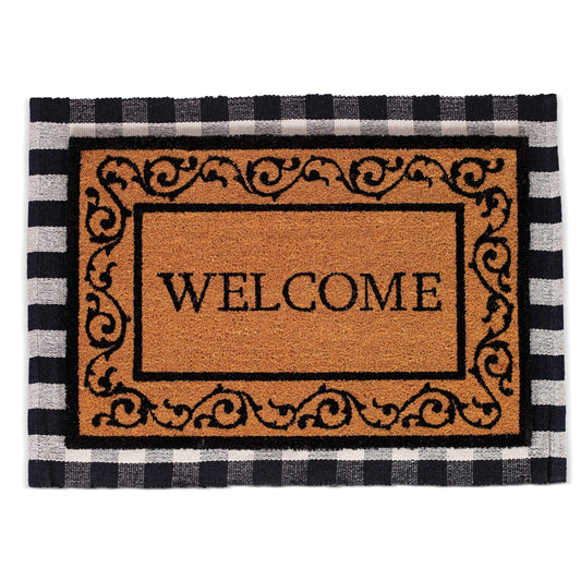 BIRDROCK HOME Layered Welcome Mat with Scroll Border - Durable Vinyl Backed Outdoor Doormat - Non-Slip Front Door Entryway Rug - Weather Resistant Exterior Mat for Porch, Backdoor - 30"" x 42"" "
