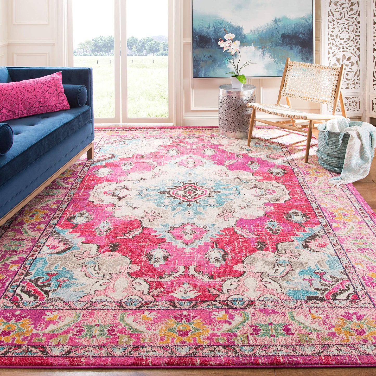 SAFAVIEH Monaco Collection Area Rug - 8' x 10', Pink & Multi, Non-Shedding & Easy to Clean, Distressed Medallion Design, Ideal for Living Room, Bedroom, Dining Space (MNC243D)