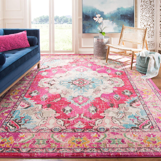 SAFAVIEH Monaco Collection Area Rug - 5' Square, Pink & Multi, Non-Shedding & Easy to Clean, Distressed Medallion Design, Ideal for Living Room, Bedroom, Dining Space (MNC243D)