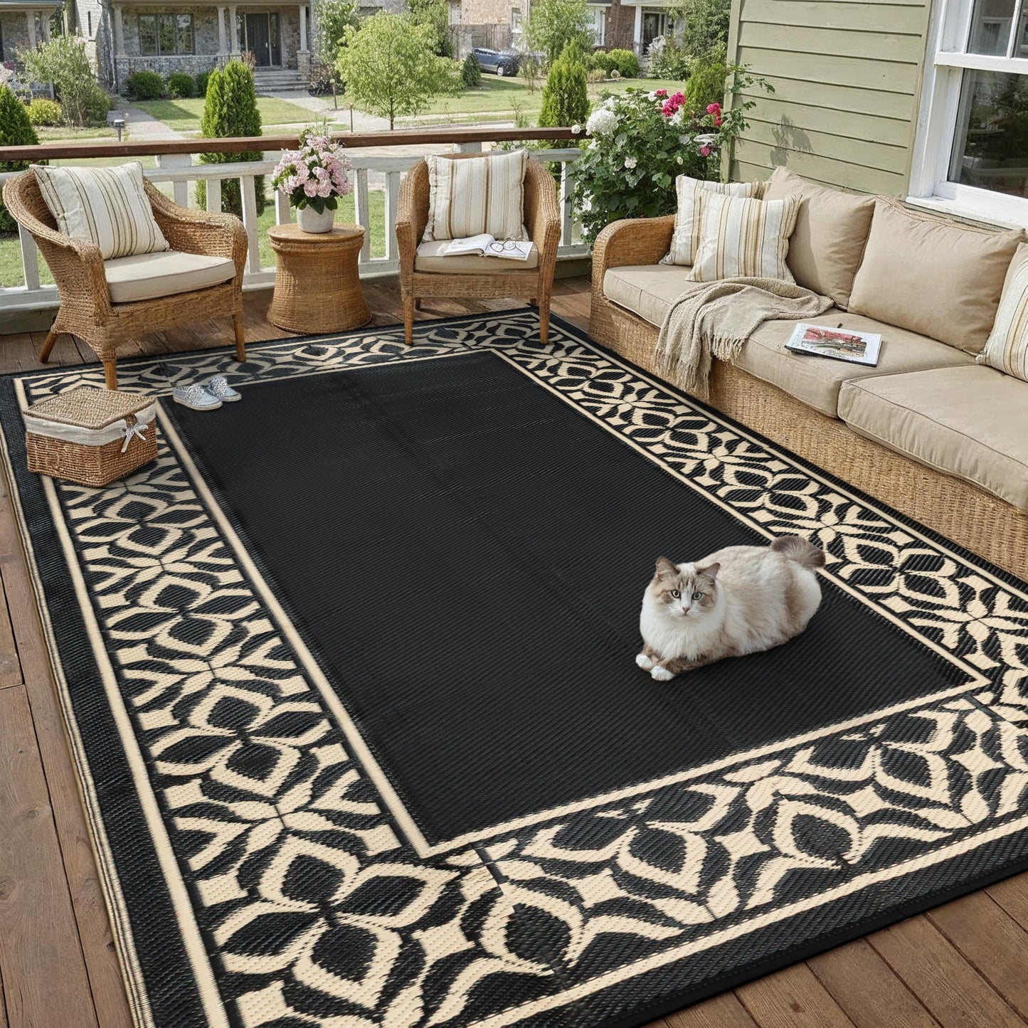 PureCozy Outdoor Plastic Straw Rug Black Beige Large Outside Waterproof Outdoor Patio 9x12 Carpet Geometric Reversible Mat Modern for Camping RV Porch Deck Balcony Beach