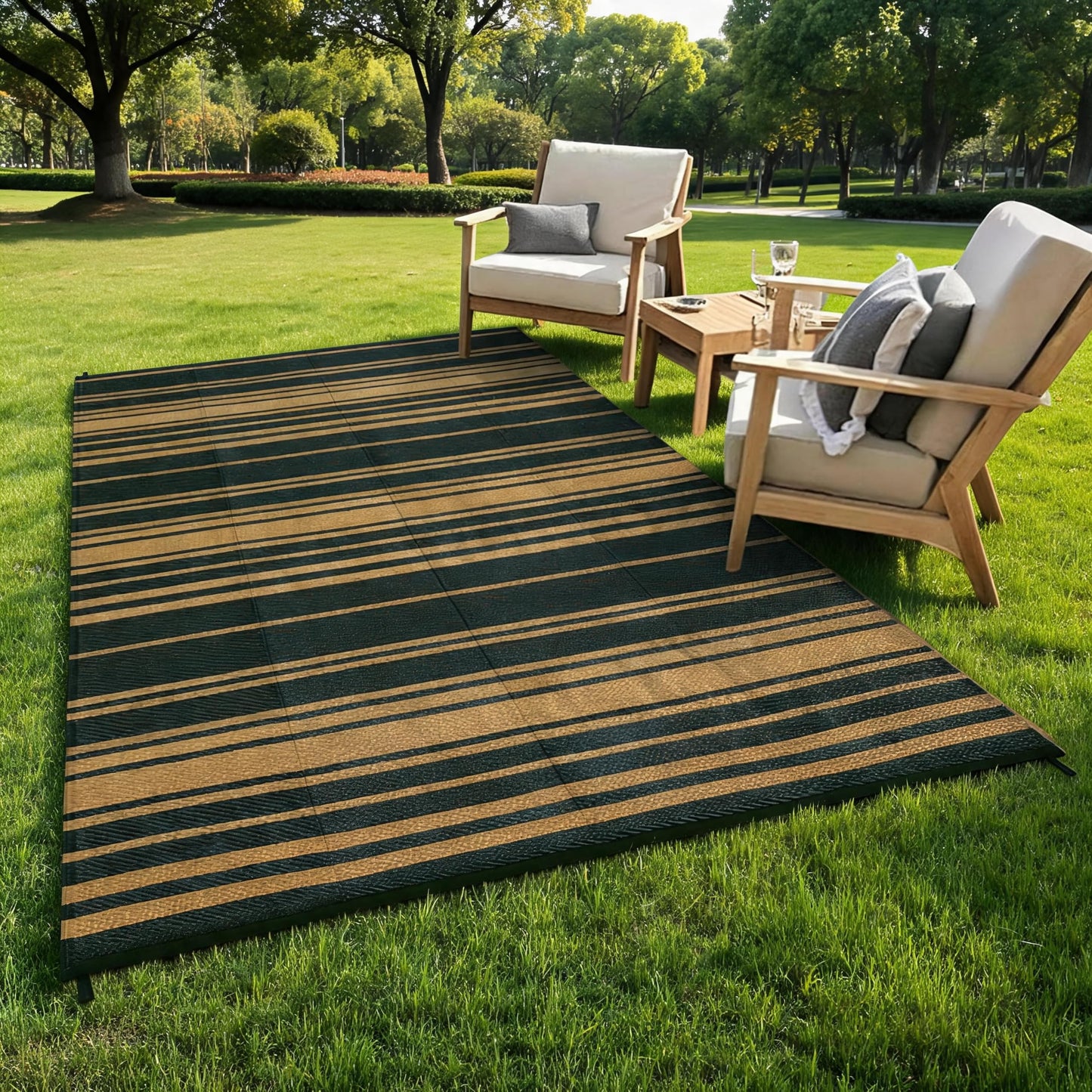 Garvee Waterproof Outdoor Rug 8x10 Modern Striped Lines Plastic Straw Patio Camping Rug Indoor Outdoor RV Mat Carpet for Deck Camper Porch Balcony Backyard Picnic, Black Brown