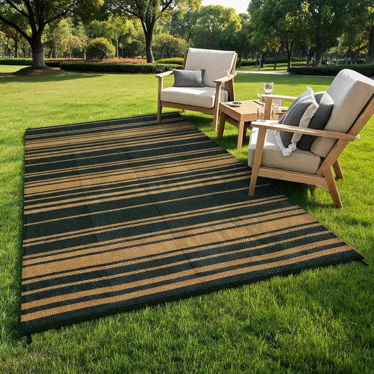 Garvee Waterproof Outdoor Rug 8x10 Modern Striped Lines Plastic Straw Patio Camping Rug Indoor Outdoor RV Mat Carpet for Deck Camper Porch Balcony Backyard Picnic, Black Brown