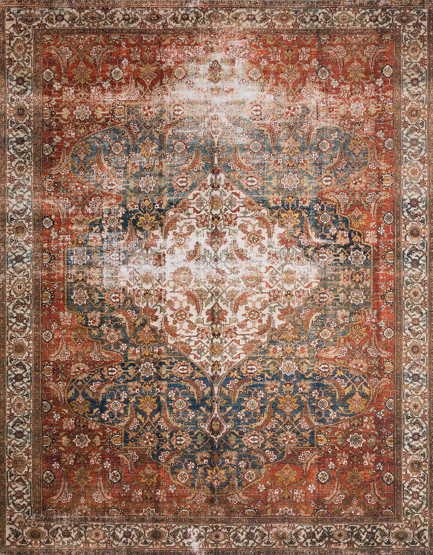 Loloi Layla Collection LAY-05 Ocean/Multi 5'-0" x 7'-6" .13" Thick Area Rug, Soft, Durable, Vintage Inspired, Distressed, Low Pile, Non-Shedding, Easy Clean, Printed, Living Room Rug