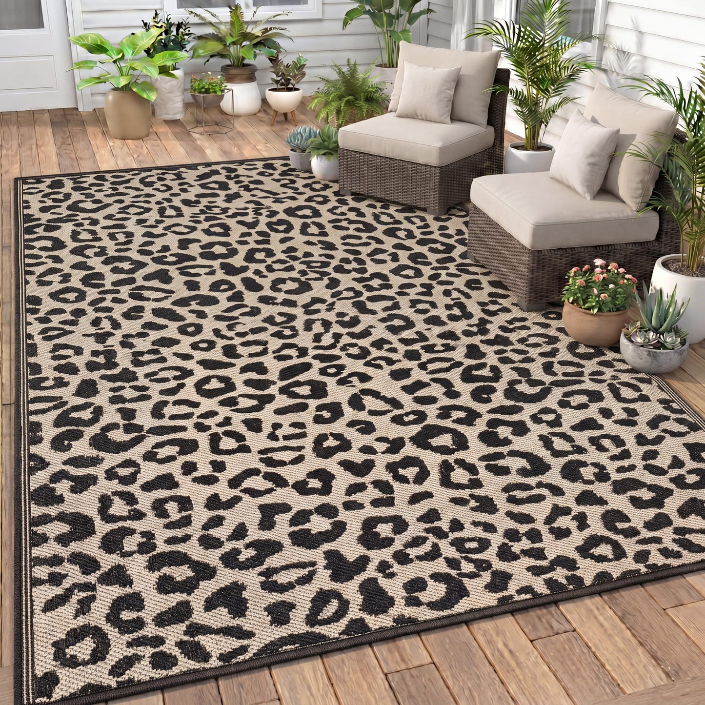 Klyyo Clyro Leopard Print Outdoor Rug 5 x 8 ft, Brown Black Plastic Straw Woven Camping Mat, Reversible Foldable RV Patio Rug for Deck, Porch, Backyard, Picnic