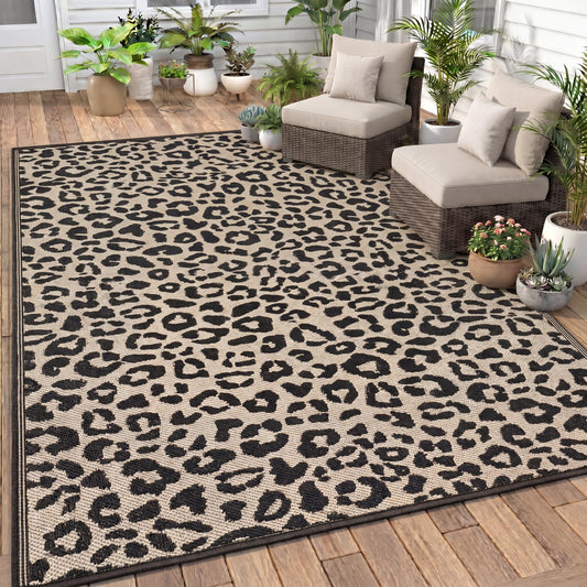 Klyyo Clyro Leopard Print Outdoor Rug 5 x 8 ft, Brown Black Plastic Straw Woven Camping Mat, Reversible Foldable RV Patio Rug for Deck, Porch, Backyard, Picnic