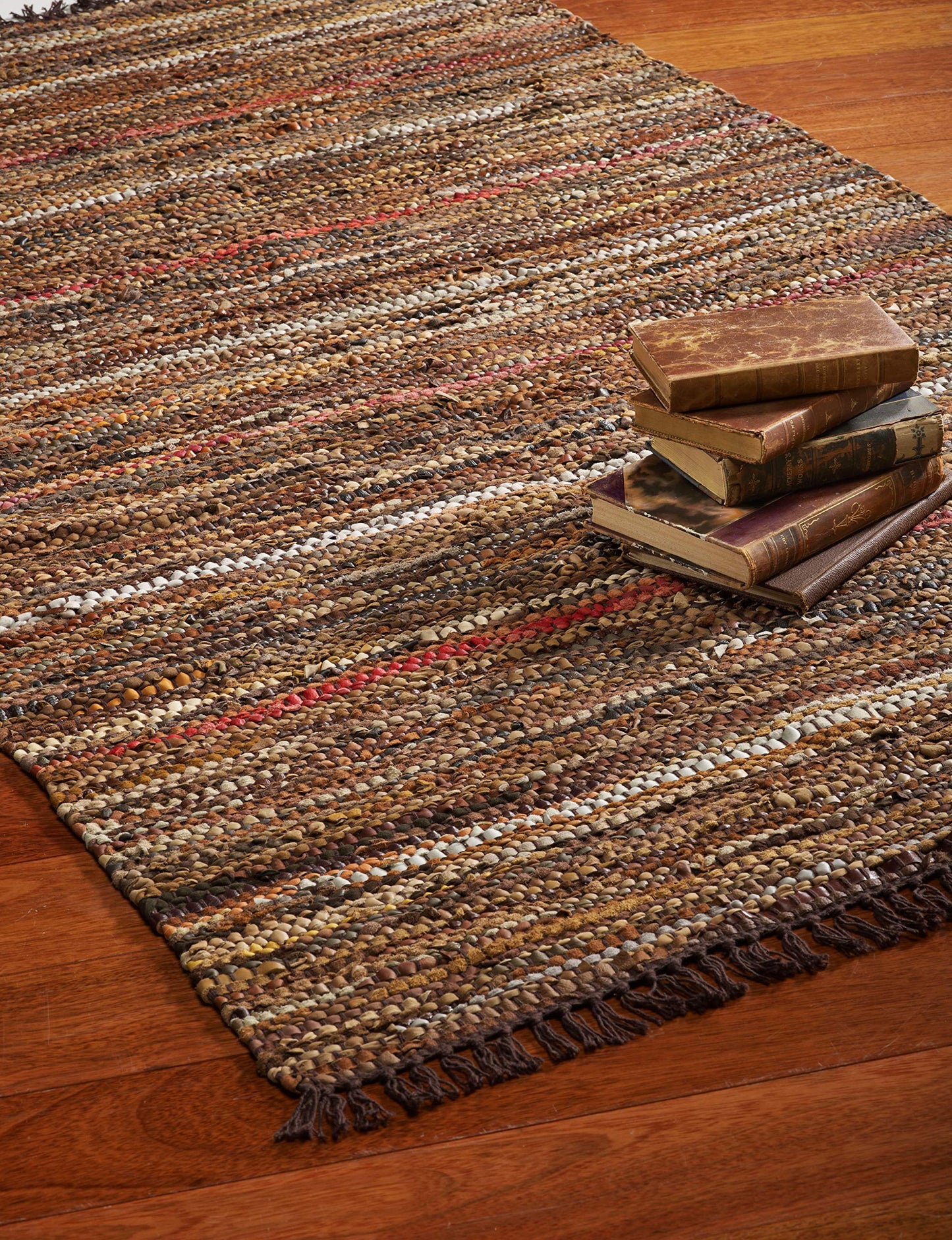 HF by LT Tucson Leather Rug, 24 x 36 inches, Handwoven Recycled Leather, Brown