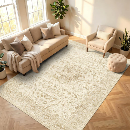 TTelephant Beige Living Room Rug, Neutral Vintage Boho Washable Rug 6x9 for Bedroom and Dining Room, Low Pile Large Carpets with Non-Slip Silicone Backing, Non-Shedding