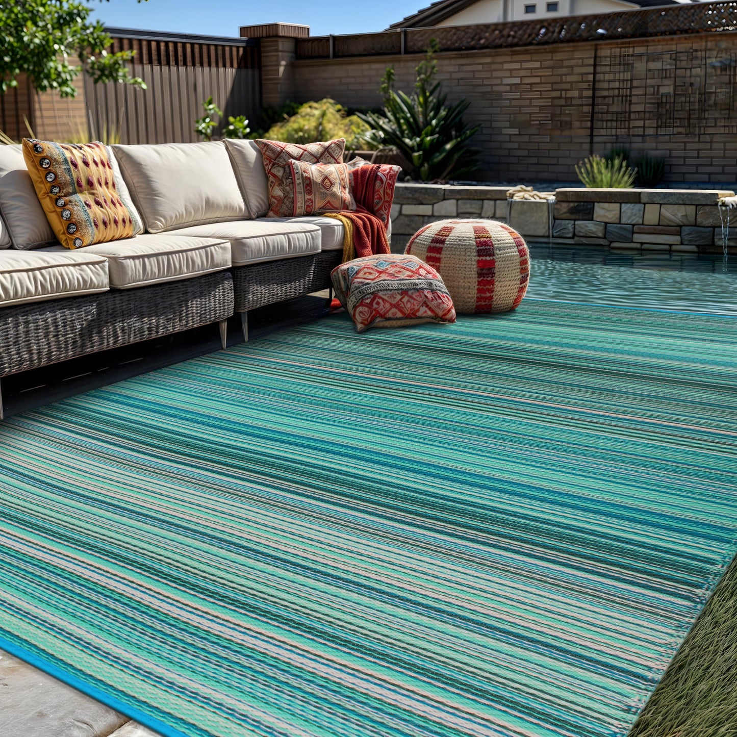 Rugshop Contemporary Stripe Reversible Crease-Free Waterproof Premium Recycled Plastic Outdoor Rugs for Patio,Backyard,RV,Deck,Picnic,Trailer,Beach,Camping Blue 7'10" x 10'