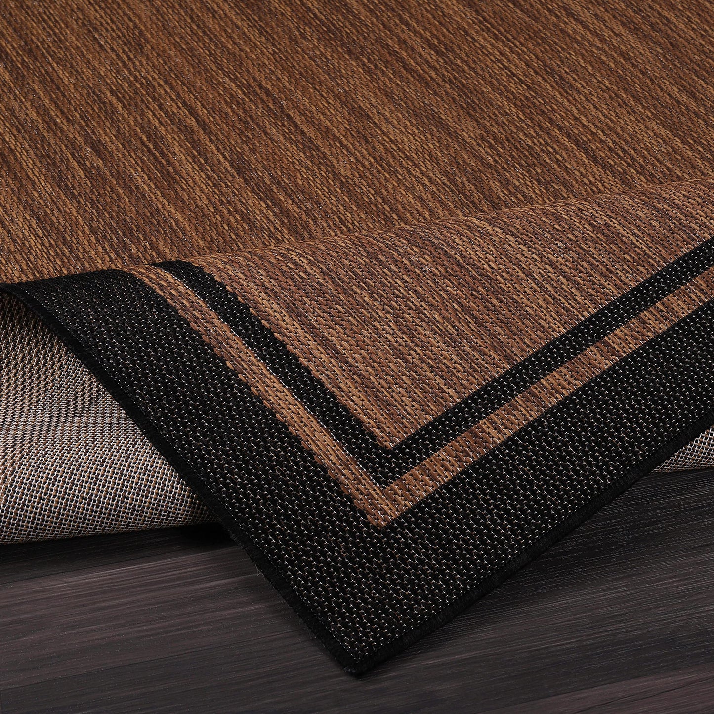 CAMILSON Indoor Outdoor Rug, 9x12 Bordered Nut Brown Black Modern Area Rugs for Indoor and Outdoor Patios, Kitchen and Hallway Mats, Washable Porch Deck Outside Carpet (Border Nut Brown Black, 9 x 12)