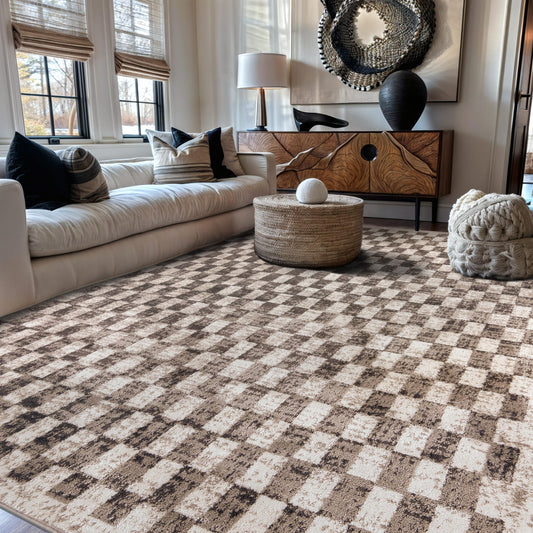 Rugshop Beige Checkered Area Rug – Textured Grid Pattern Carpet for Living Room, Bedroom, or Office – Neutral Contemporary Soft Floor Décor 7' 10" x 10' Beige