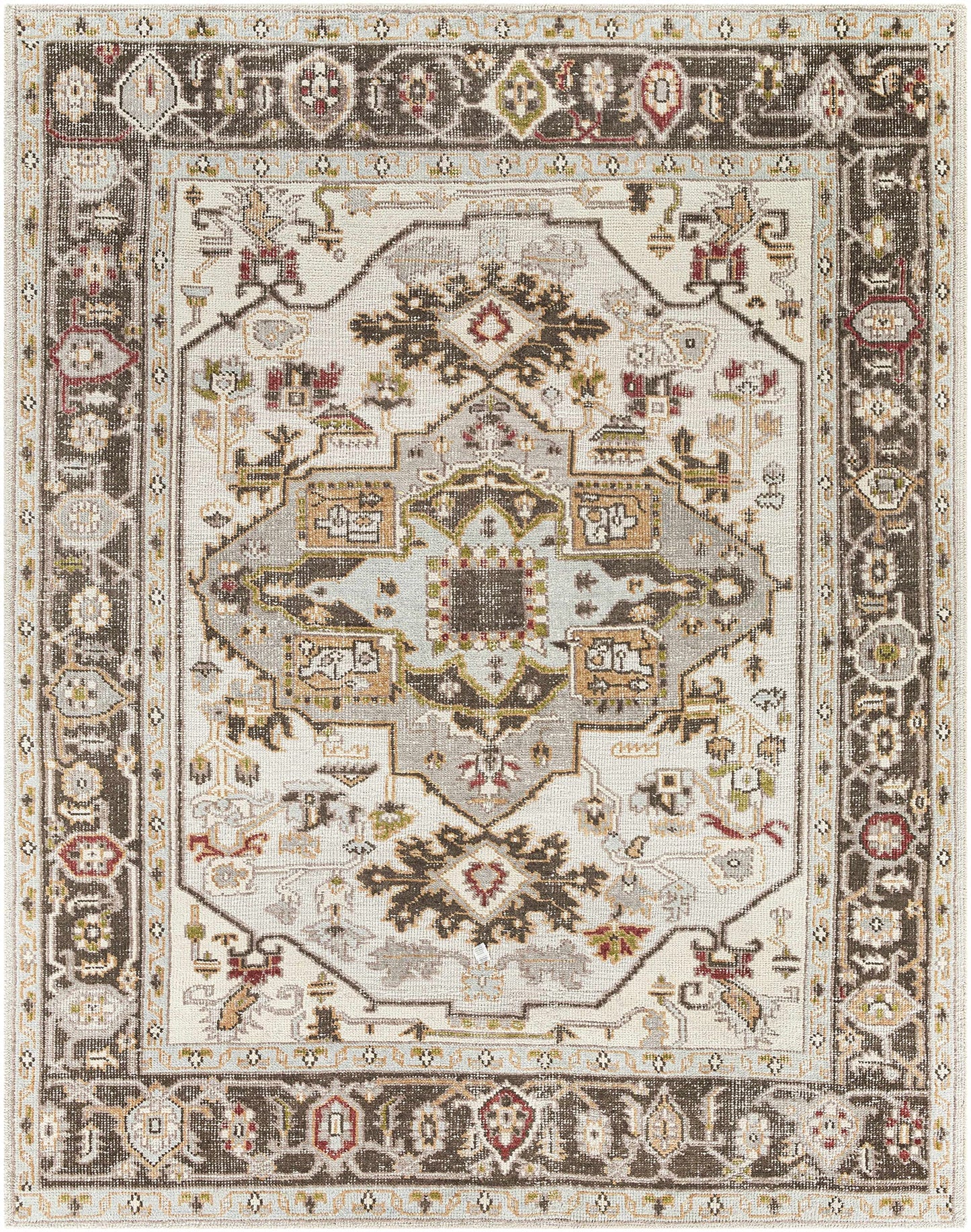 Hauteloom Hinapalanan Recycled Material Area Rug - Medallion Border Floral Geometric Distressed - Traditional Oriental Transitional - Medium Gray, Light Gray, Charcoal, Cream, Brown - 2' x 3'