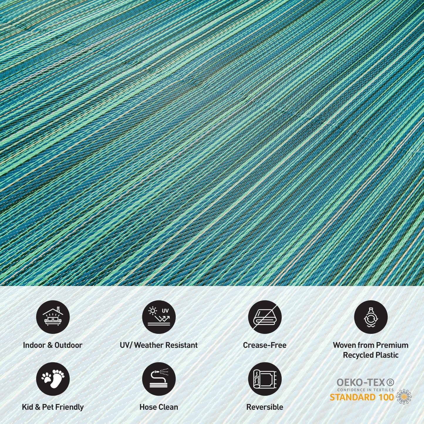 Rugshop Contemporary Stripe Reversible Crease-Free Waterproof Premium Recycled Plastic Outdoor Rugs for Patio,Backyard,RV,Deck,Picnic,Trailer,Beach,Camping Rug 2' 7" X 8' Blue