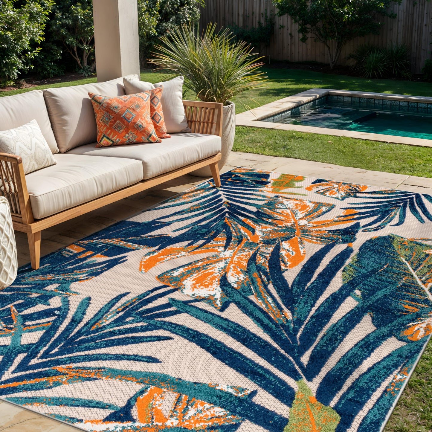Rugshop Tropical Floral Leaves Indoor/Outdoor Area Rug Durable Polypropylene, Non-Shedding, Easy to Clean, Perfect for Patio, Backyard, Deck and Outdoor Lounge, High Traffic Areas, 7'10" x 10'