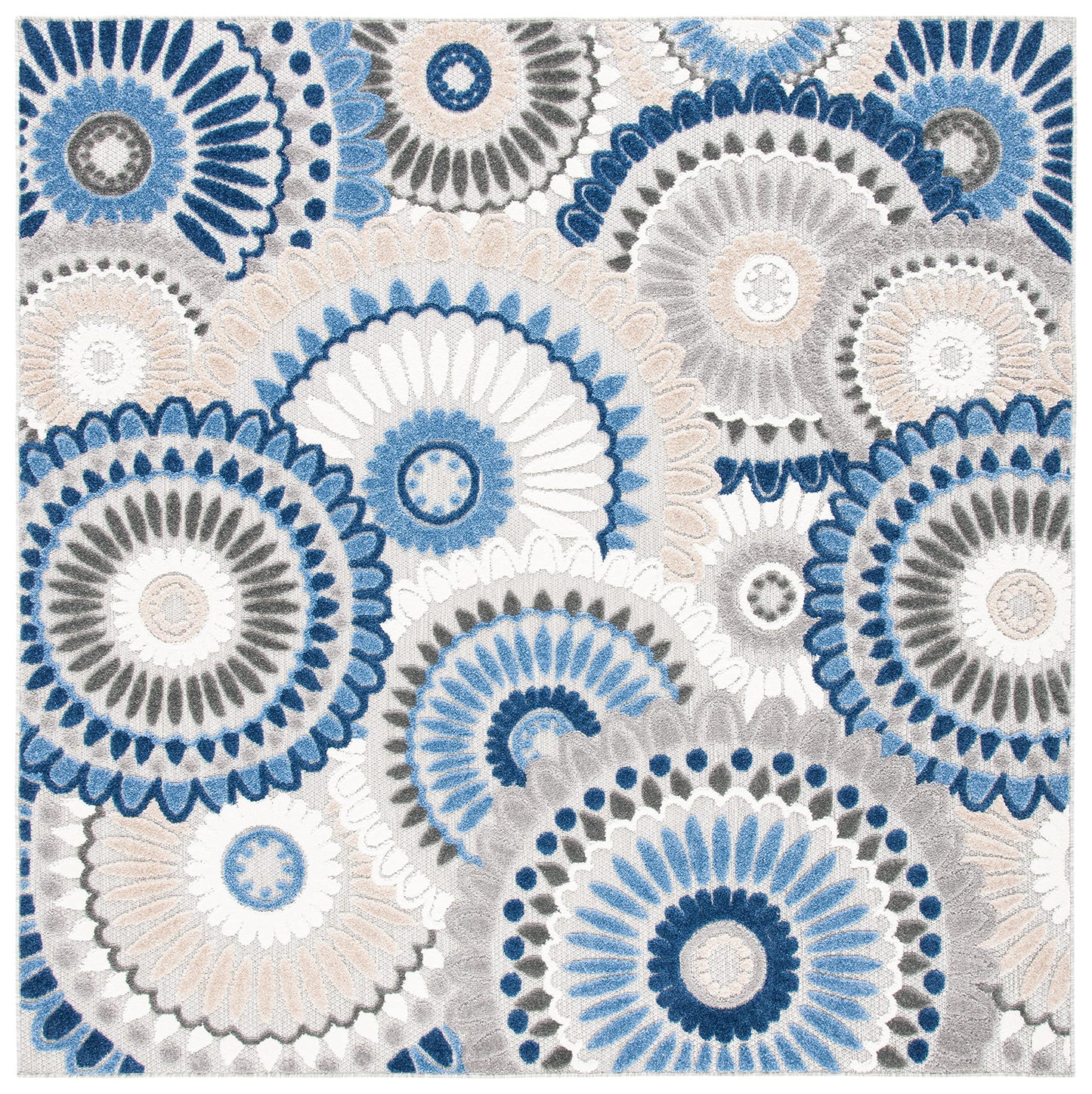 SAFAVIEH Washable Rug Outdoor Cabana Collection - 5'3" Square, Grey & Blue, Non-Shedding & Easy to Clean, Ideal for Patio, Backyard, Mudroom (CBN382G)