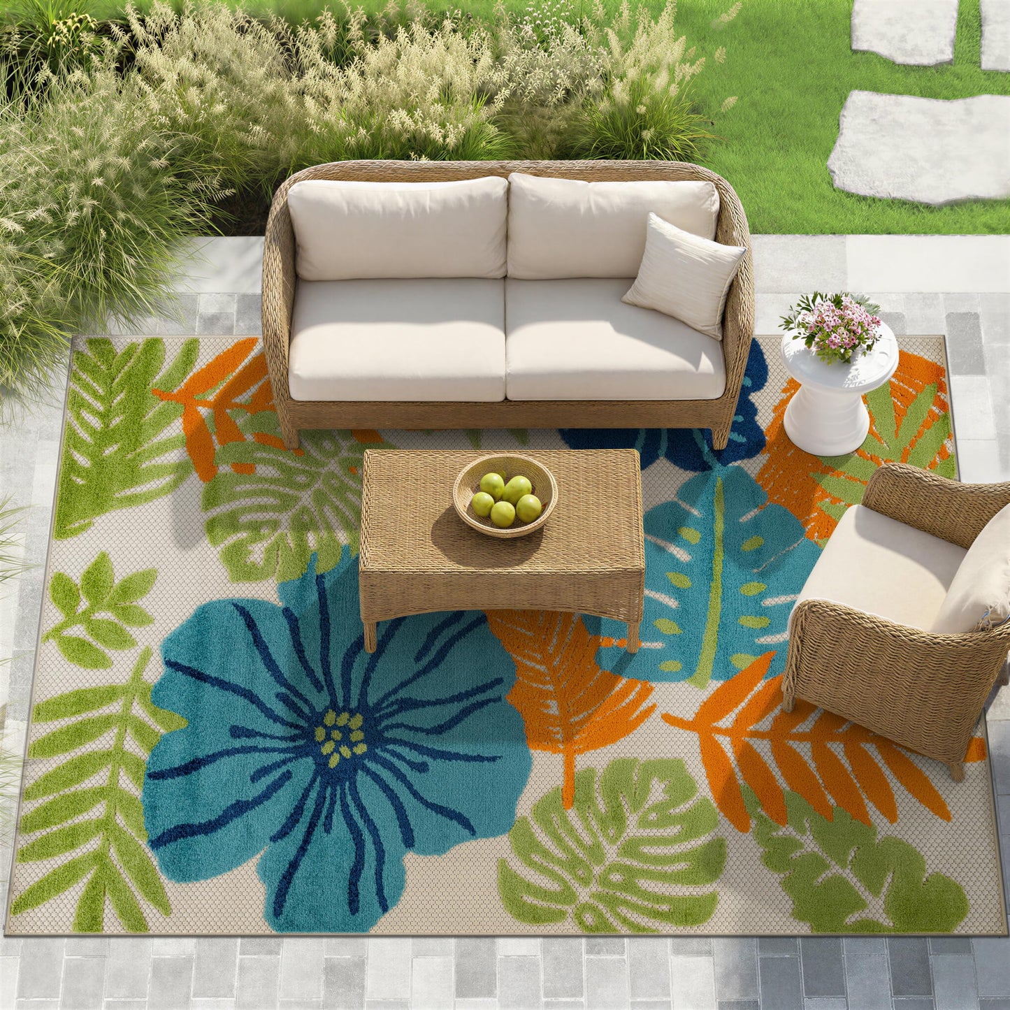 Rugshop Indoor/Outdoor High-Low Textured Area Rug, Tropical Floral, Easy-Clean Patio Rug for Porch Deck Balcony 7'10" x 10' Beige/Multi