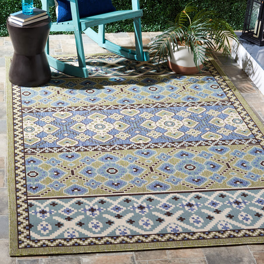 SAFAVIEH Washable Rug Outdoor Veranda Collection - 4' x 5'7", Green & Blue, Non-Shedding & Easy to Clean, Ideal for Patio, Backyard, Mudroom (VER093-0642)