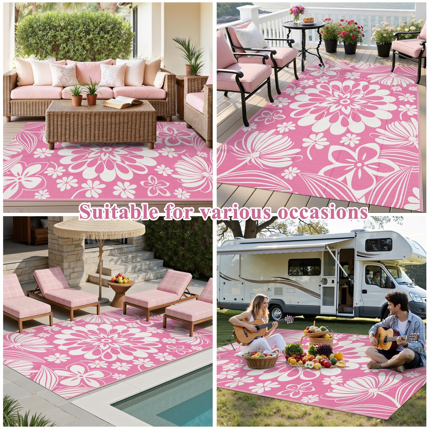Ileading Outdoor Patio Rug, Pink Floral Reversible Outdoor Rug, Waterproof Plastic Straw Mat, Portable Outside Deck Area Rug, Camping RV Carpet for Porch Balcony (5×8 ft)