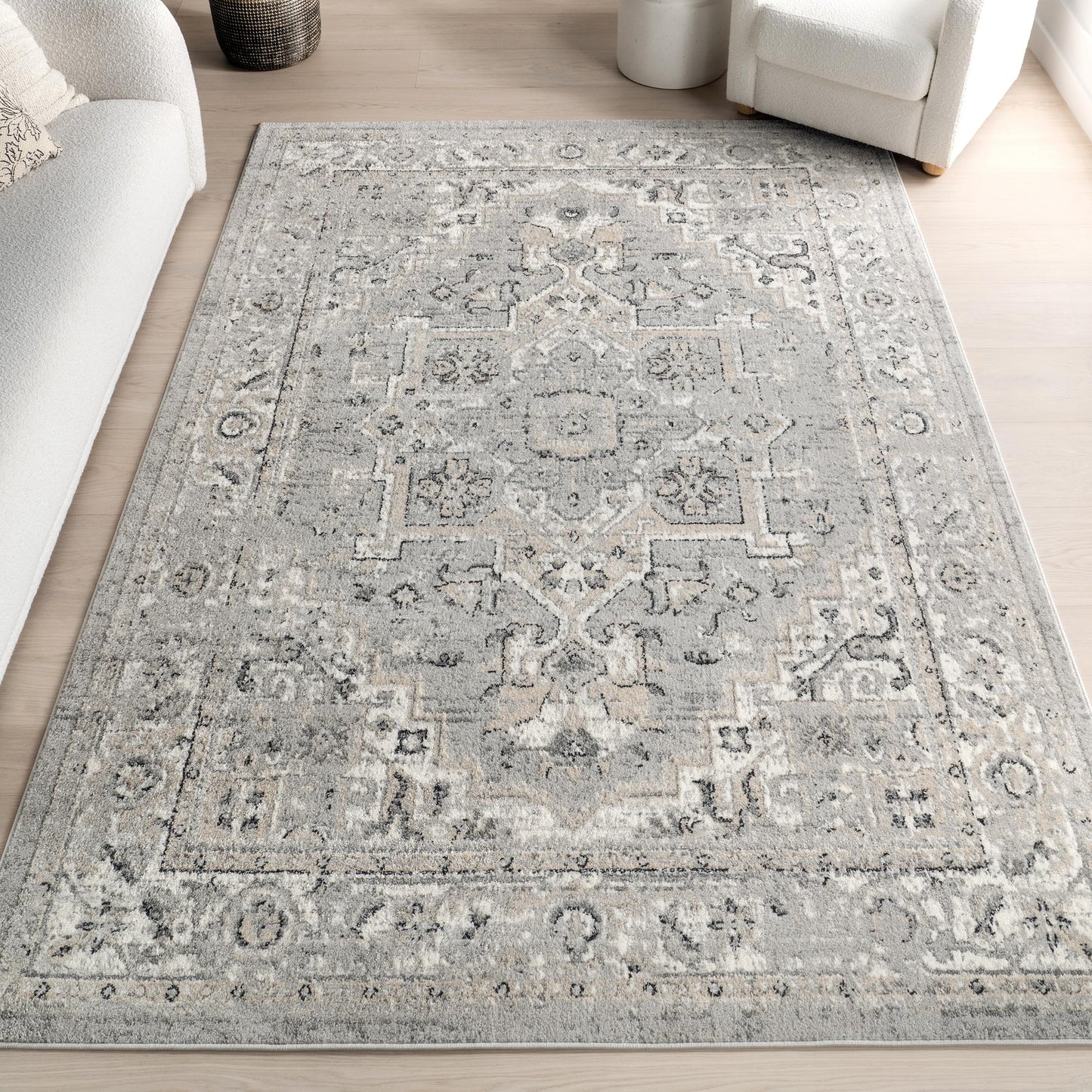 Nuloom Gena Light Grey/Ivory, 4' x 6', Distressed Medallion, Soft and Cozy, High Traffic, Stain Resistant, Easy Clean, Durable Area Rug for Bedroom, Living Room, Dining Space, Den, Foyer, Entryway