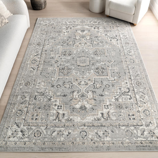 Nuloom Gena Light Grey/Ivory, 4' x 6', Distressed Medallion, Soft and Cozy, High Traffic, Stain Resistant, Easy Clean, Durable Area Rug for Bedroom, Living Room, Dining Space, Den, Foyer, Entryway