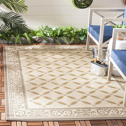 SAFAVIEH Washable Rug Outdoor Courtyard Collection - 5'3" x 7'7", Dark Beige & Beige, Non-Shedding & Easy Cleaning, Ideal for Patio, Backyard, Mudroom (CY7107-79A21)
