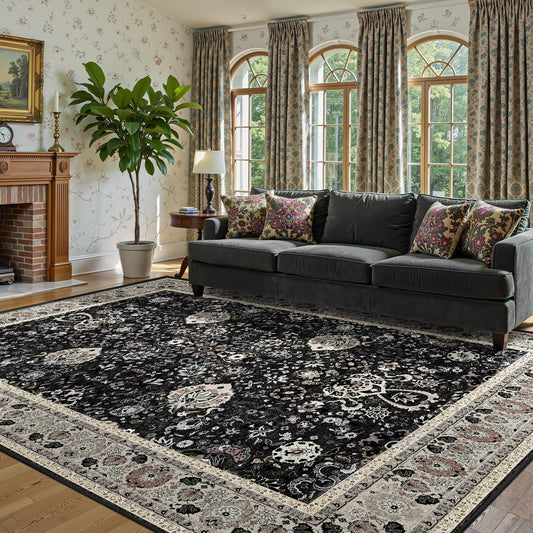 Blcak 8x10 Vintage Rugs for Living Room, Washable Rugs Non Slip Large Area Rug for Bedroom Dining Room Office, Floor Decoration Big Rug Carpet Low-Pile Kid & Pet Friendly(Blcak Navy Multi