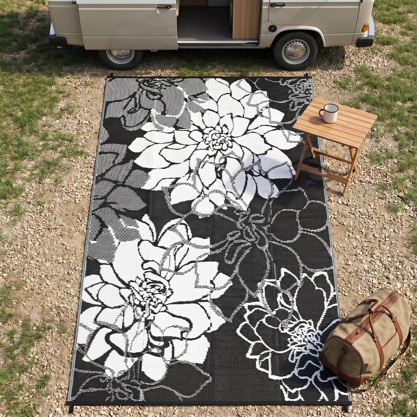 IDEALHOUSE Reversible Outdoor Rug, 320GSM Recycled Plastic Patio Rug, Lightweight Folding Camping Mat with Carry Bag and 4 Stakes, for RV, Picnic, Beach, Balcony, Black White, 9x18 ft
