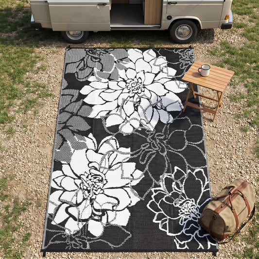 IDEALHOUSE Reversible Outdoor Rug, 320GSM Recycled Plastic Patio Rug, Lightweight Folding Camping Mat with Carry Bag and 4 Stakes, for RV, Picnic, Beach, Balcony, Black White, 9x18 ft