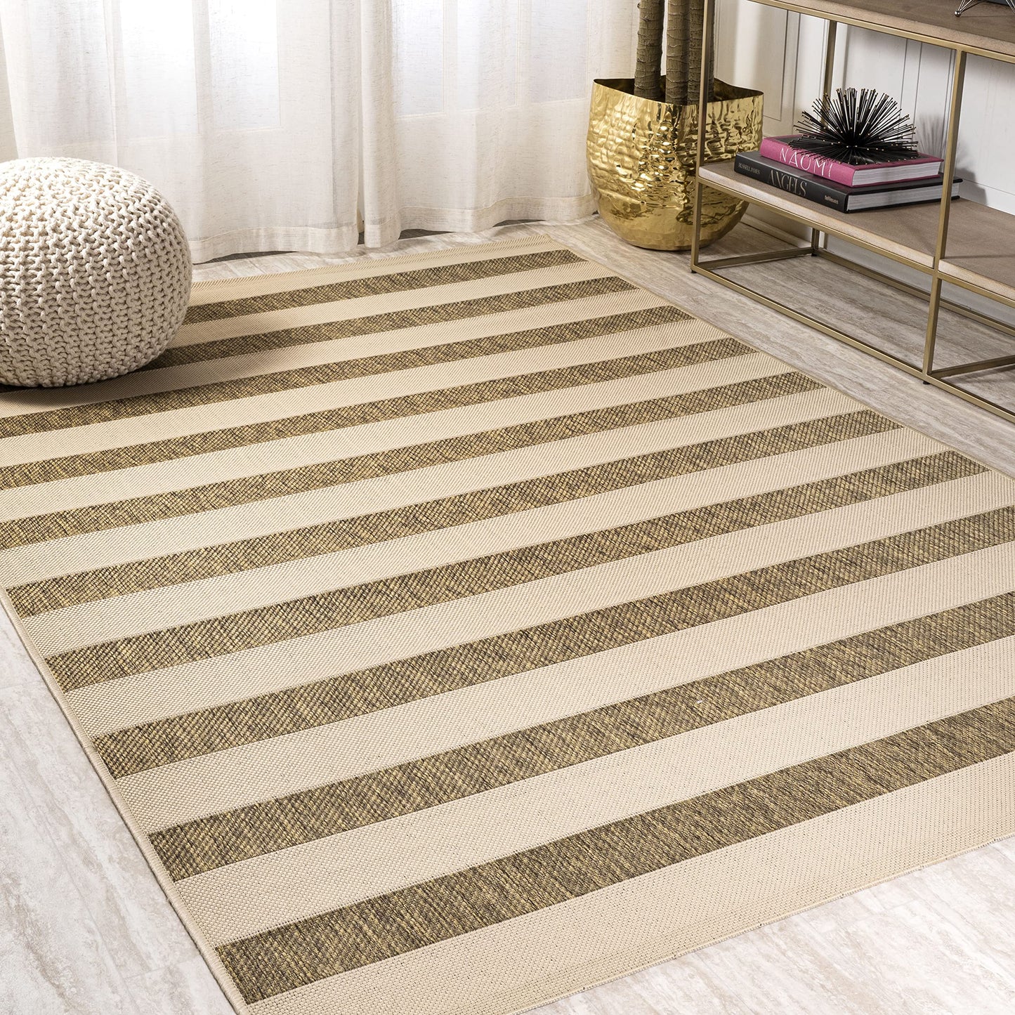 JONATHAN Y Wide Stripe Indoor Outdoor Area Rug 4X6 Beige/Brown, Aveiro for Backyard, Patio, Porch, Easy-Cleaning, High Traffic, Pet-Friendly, Non-Shedding (SMB112A-4)