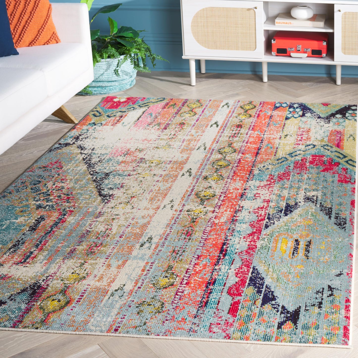 SAFAVIEH Monaco Collection Accent Rug - 4' x 5'7", Multi, Boho Chic Tribal Distressed Design, Non-Shedding & Easy Care, Ideal for High Traffic Areas in Entryway, Living Room, Bedroom (MNC222F)