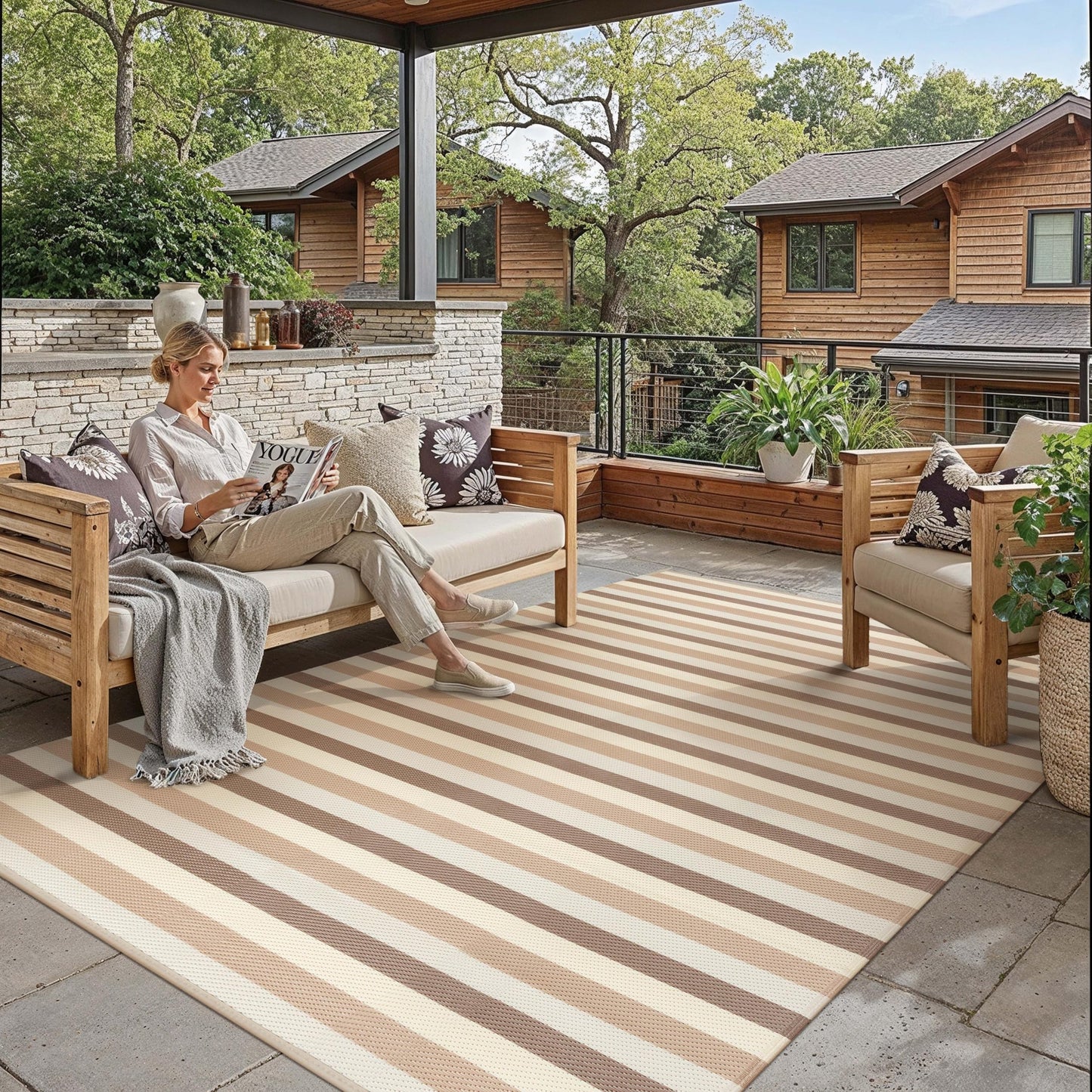PureCozy Outdoor Waterproof Patio Rug 5x8 Plastic Straw Reversible Outside Beige Striped Carpet Lightweight Large Rug for Camping RV Porch Deck Balcony Beach