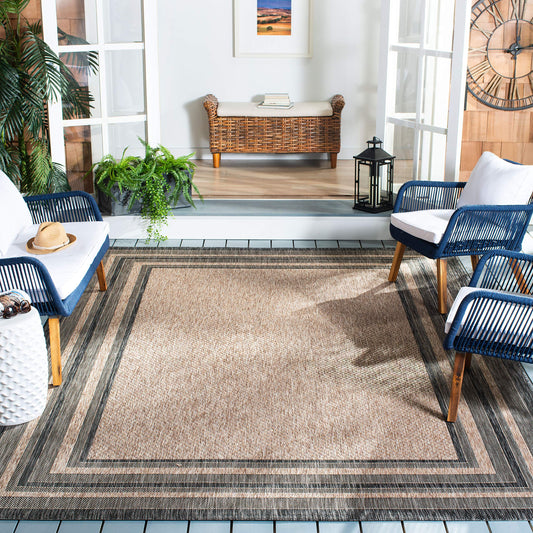 SAFAVIEH Washable Rug Outdoor Courtyard Collection - 9' Square, Natural & Black, Non-Shedding & Easy Cleaning, Ideal for Patio, Backyard, Mudroom (CY8475-37312)