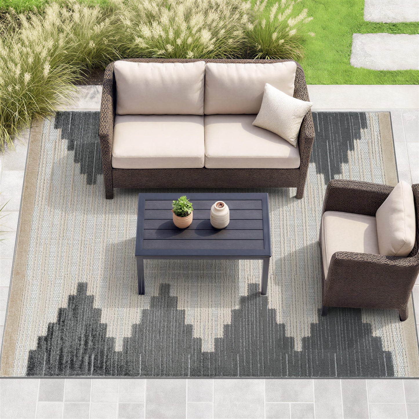 Rugshop Indoor/Outdoor High-Low Textured Area Rug, Geometric Bohemian, Easy-Clean Patio Rug for Porch Deck Balcony 6' 6" x 9' Gray