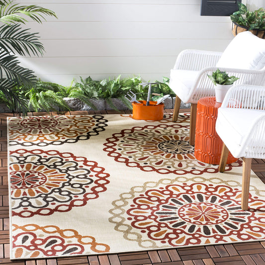 SAFAVIEH Washable Rug Outdoor Veranda Collection - 5'3" x 7'7", Cream & Red, Non-Shedding & Easy to Clean, Ideal for Patio, Backyard, Mudroom (VER092-0313)