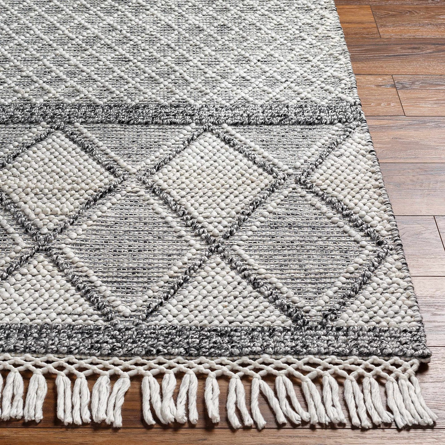 Hauteloom Rehn Recycled Material Area Rug - Geometric Diamond Trellis Striped Triangle - Bohemian Transitional Boho Moroccan Tribal - White, Black, Light Slate, Gray, Cream - 27" x 45"
