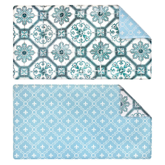 OPUX Anti Fatigue Kitchen Floor Mat, Reversible Cushioned Memory Foam Kitchen Rug Pad, Waterproof Non-Slip Padded Comfort Standing Mat Office Laundry Home, 32x17 (Floral Tile Blue)