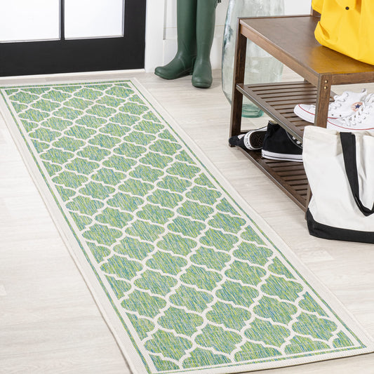 JONATHAN Y Moroccan Trellis Indoor Outdoor Runner Rug 2X10 Cream/Green, Trebol Textured Weave for Backyard, Patio, Porch, Easy-Cleaning, High Traffic, Pet-Friendly, Non-Shedding (SMB109I-210)